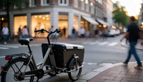 Black cargo bike parked on a street corner with a blurred background of warm shop lights and pedestrians.