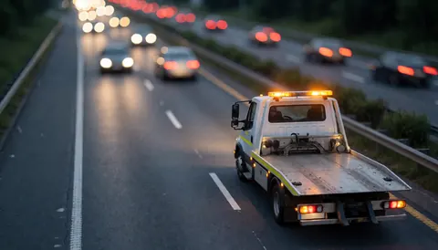 White tow truck with yellow warning lights on a dark highway at night, featuring bokeh from moving car lights on asphalt
