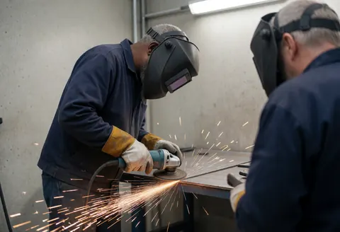 A worker wearing a welding mask and gloves uses a grinder on a metal plate, creating sparks, while another worker observes from the background.