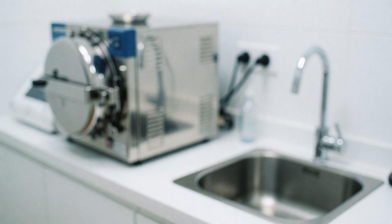 Sterile background featuring a metal autoclave and sink, ideal for tattoo studios. Clean surface with cool lighting and a professional atmosphere.