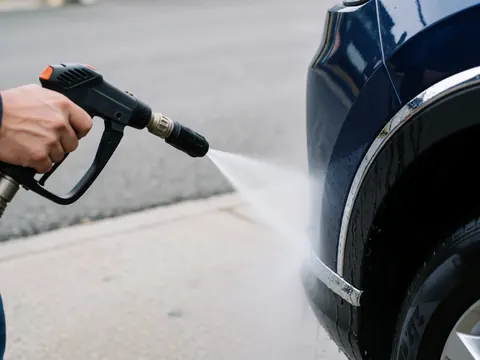 Hand holding pressure washer spraying water on dark blue car bumper with blurred asphalt and concrete background