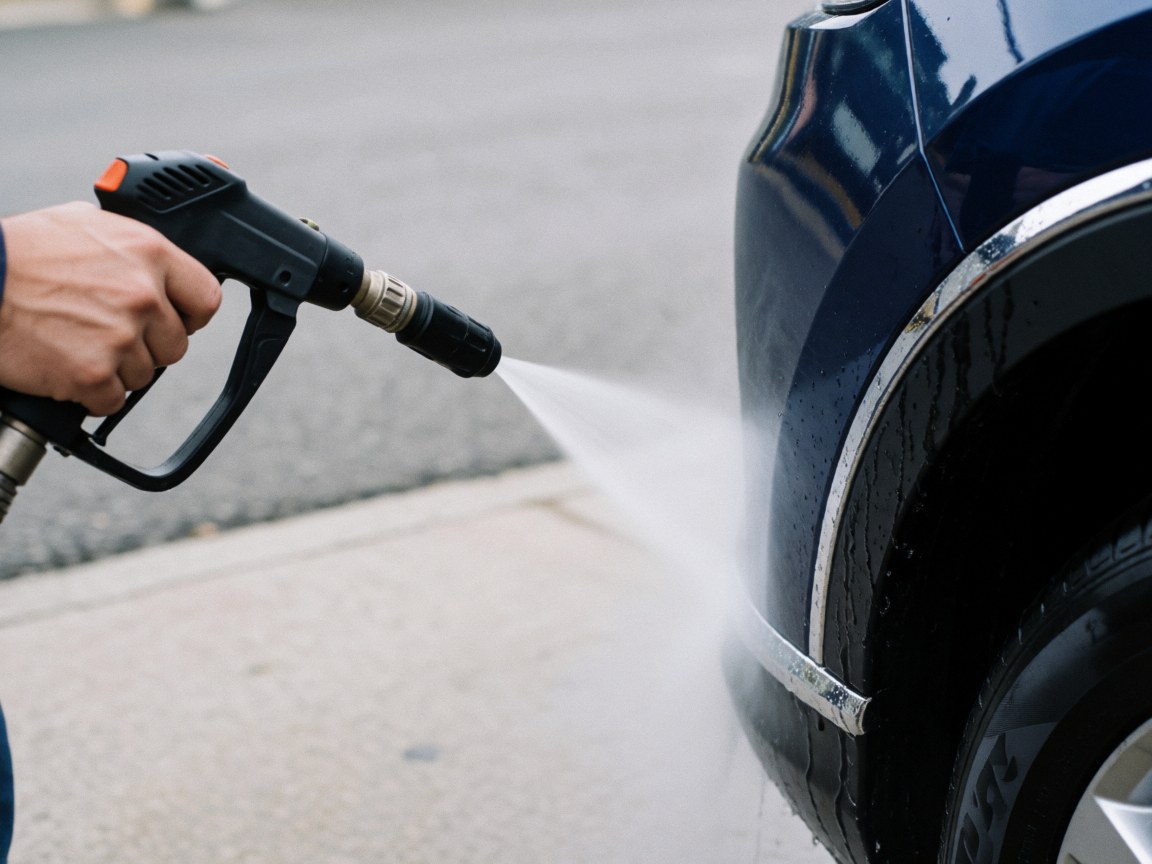 Hand holding pressure washer spraying water on dark blue car bumper with blurred asphalt and concrete background