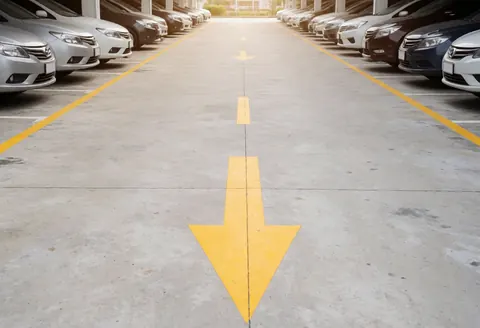Yellow directional arrow painted on concrete parking aisle with parked cars on both sides under daylight