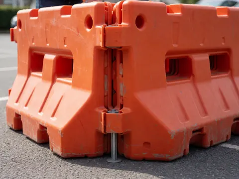 Close-up of orange plastic parking barriers on asphalt, one with a fixed metal pin, used for safety and traffic control in a parking lot.