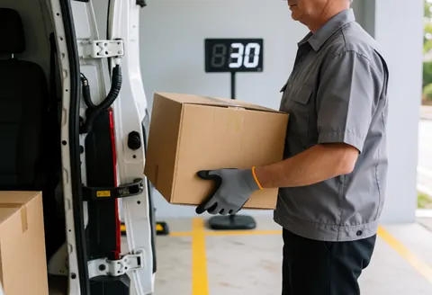 Driver wearing gloves lifts a cardboard box from a pickup truck in a marked loading zone with yellow tape and a digital clock in the background.