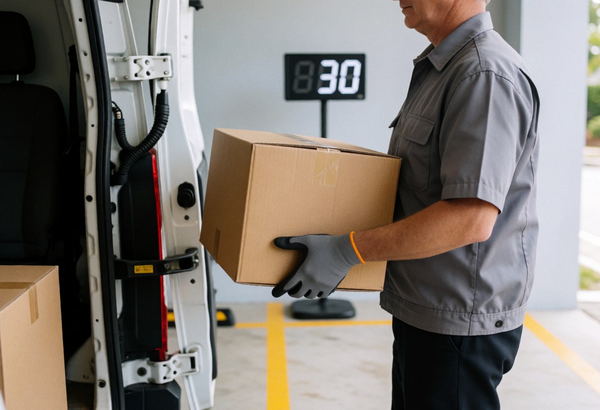 Driver wearing gloves lifts a cardboard box from a pickup truck in a marked loading zone with yellow tape and a digital clock in the background.