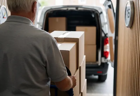 A man pushes a cart loaded with cardboard boxes toward an open truck in a parking lot, illustrating logistics and delivery services.