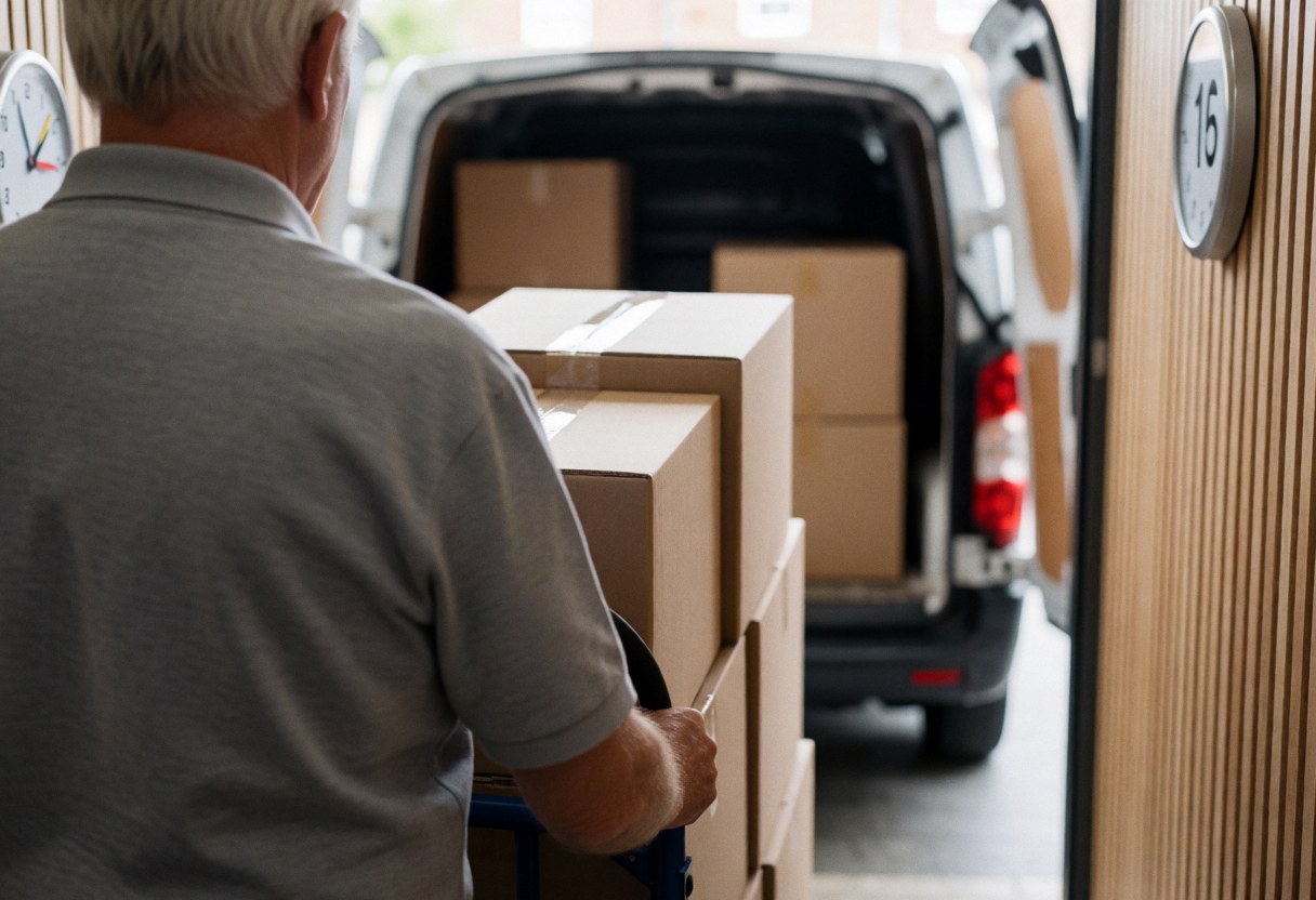 A man pushes a cart loaded with cardboard boxes toward an open truck in a parking lot, illustrating logistics and delivery services.