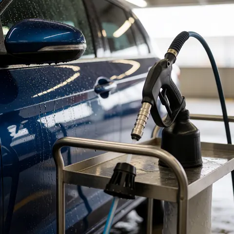 Close-up of a metal cart with a hose and nozzle next to a shiny blue car in a parking lot.