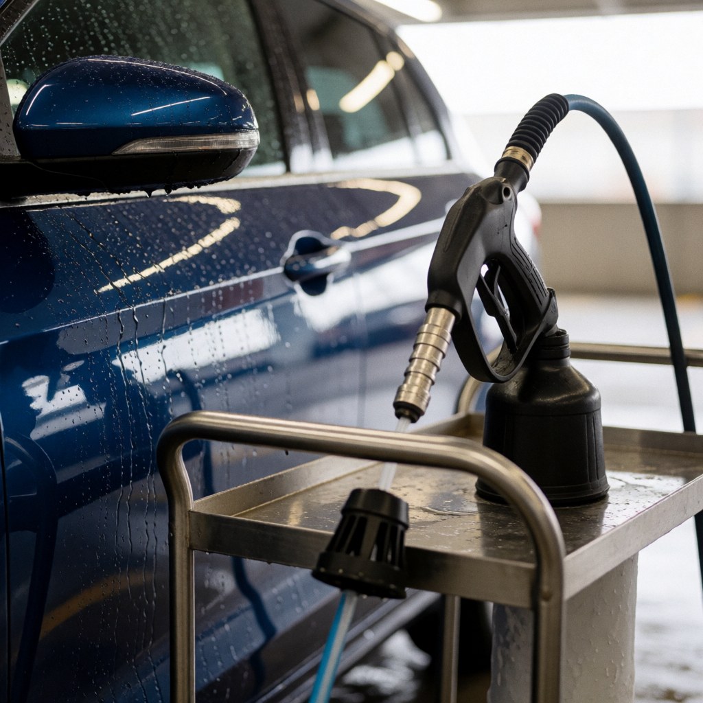 Close-up of a metal cart with a hose and nozzle next to a shiny blue car in a parking lot.