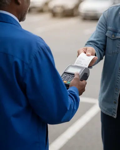 Parking attendant in blue uniform handling payment with a terminal and receipt during the day.