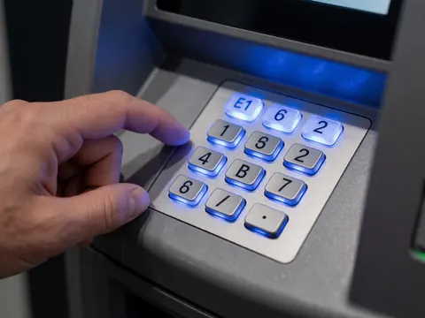 Close-up of a hand pressing a button on a gray metal parking access keypad with blue backlighting against a dark blurred background