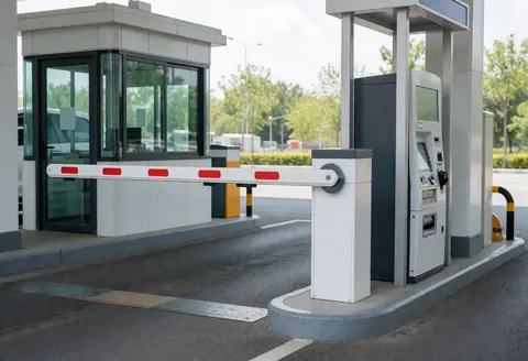 White parking barrier raised at entrance with payment kiosk, surveillance booth, clean pavement, and natural light
