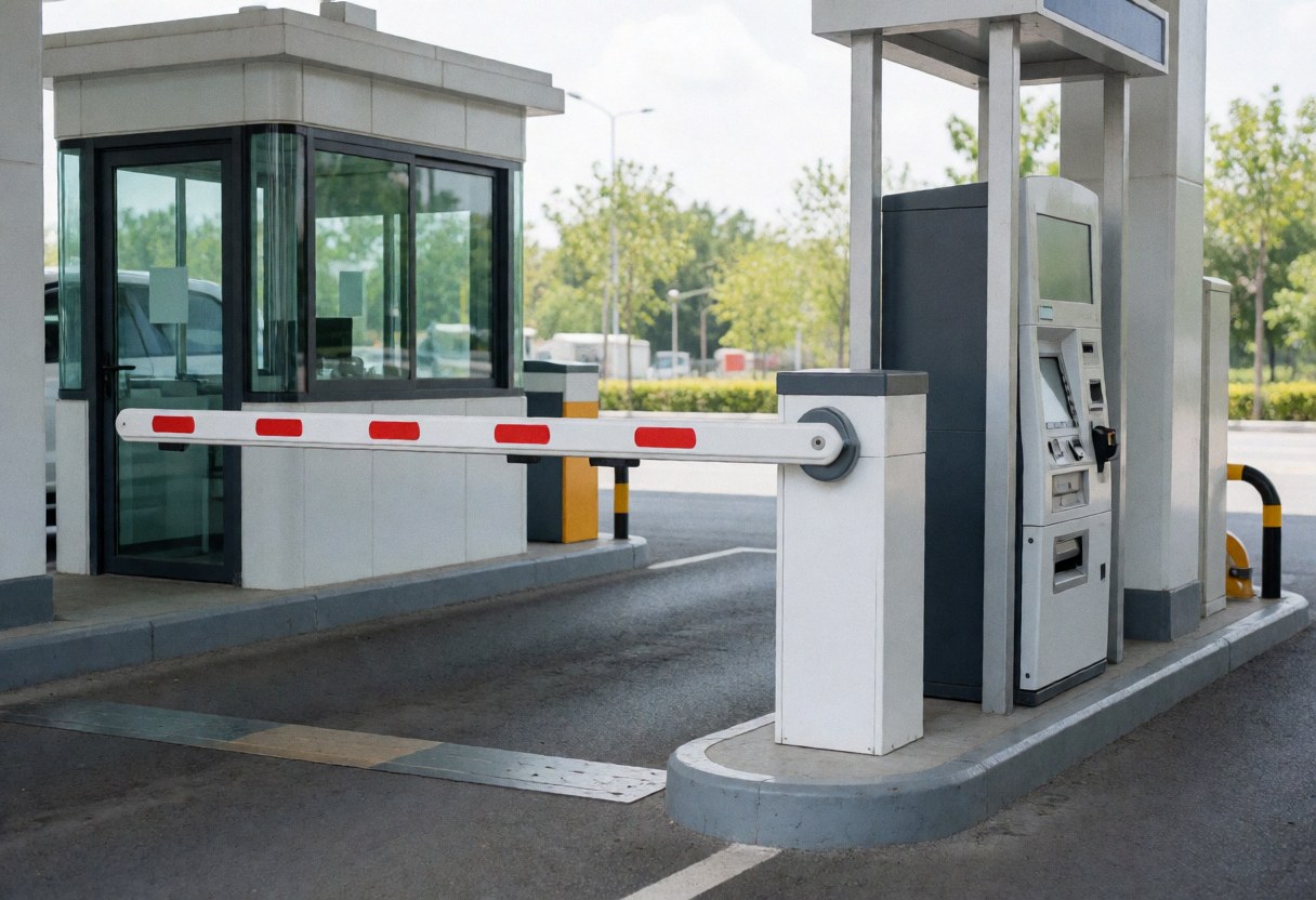 White parking barrier raised at entrance with payment kiosk, surveillance booth, clean pavement, and natural light
