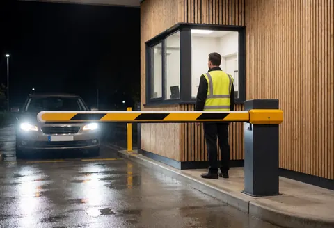 Uniformed guard controlling access with yellow barrier at night, wet pavement reflecting lights, approaching car with headlights on, wooden building in background