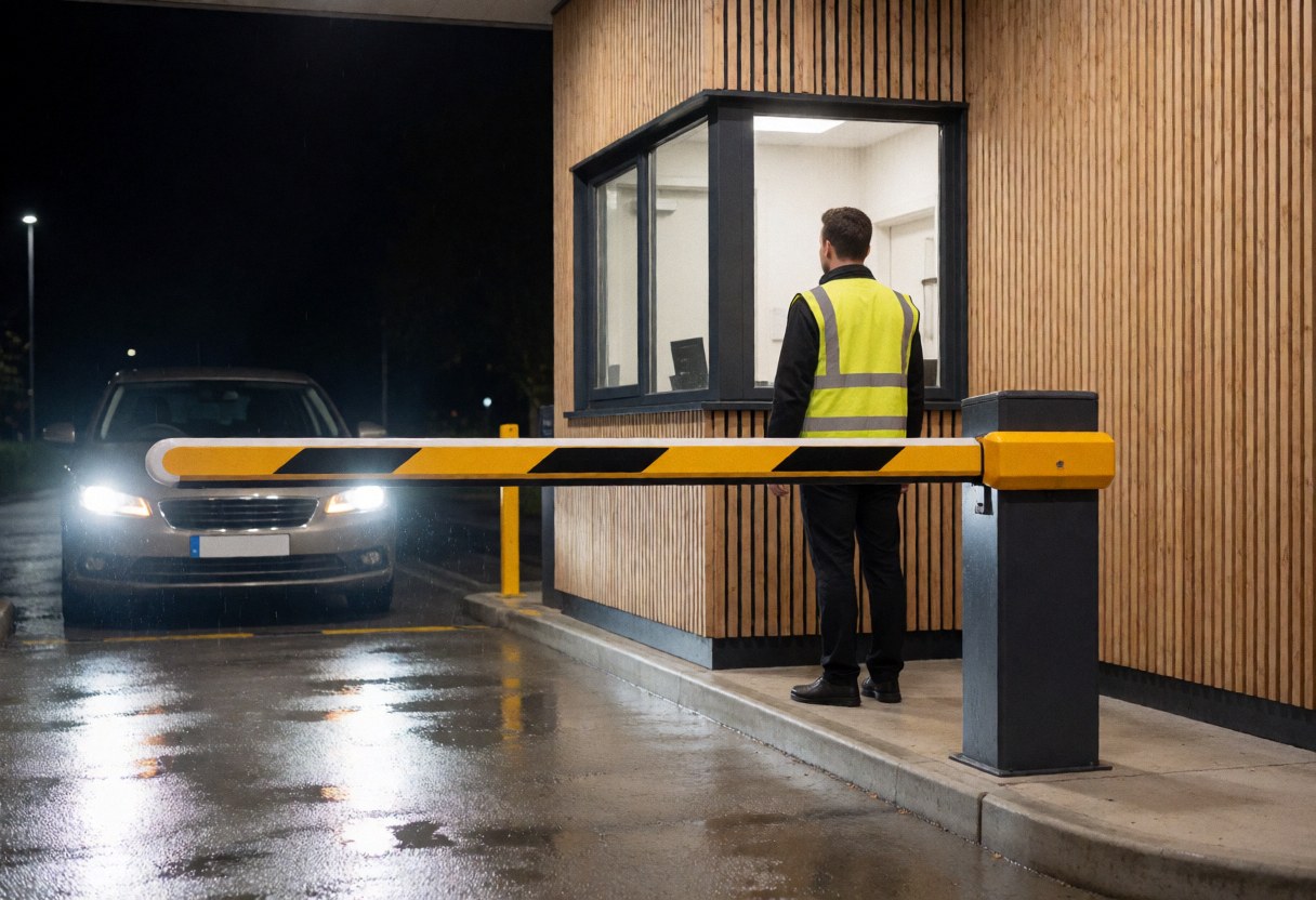 Uniformed guard controlling access with yellow barrier at night, wet pavement reflecting lights, approaching car with headlights on, wooden building in background