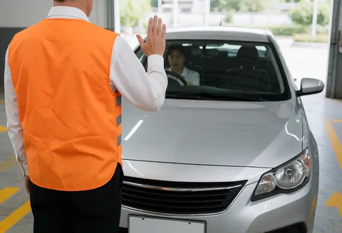 A parking worker in an orange vest guides a silver car with hand gestures. Yellow arrows mark the concrete floor near a garage door letting in natural light.