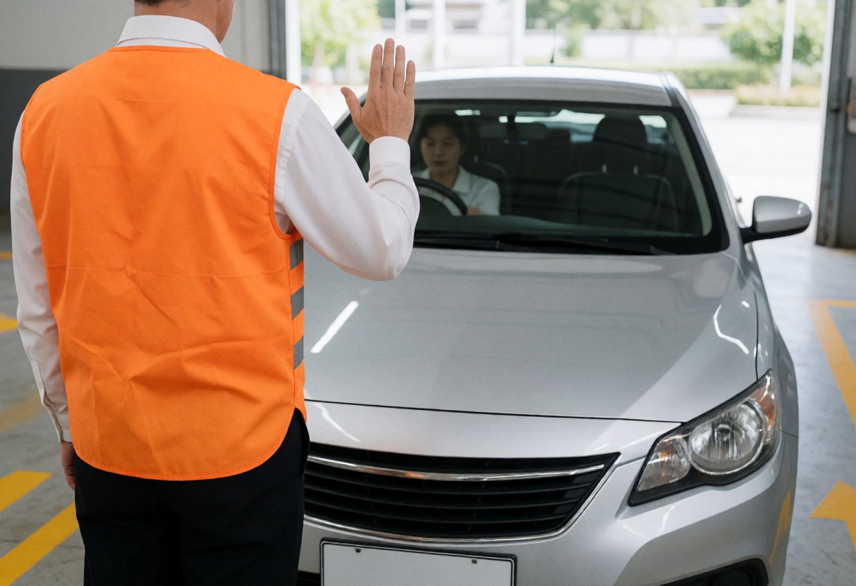 A parking worker in an orange vest guides a silver car with hand gestures. Yellow arrows mark the concrete floor near a garage door letting in natural light.