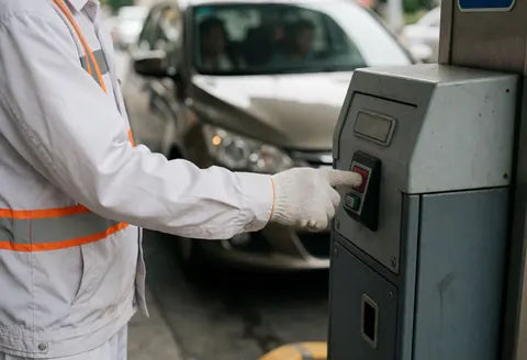 A parking worker in uniform presses a red button on a metal panel to open the gate while a car waits nearby.