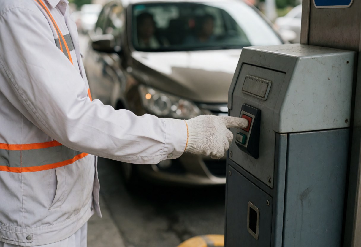 A parking worker in uniform presses a red button on a metal panel to open the gate while a car waits nearby.