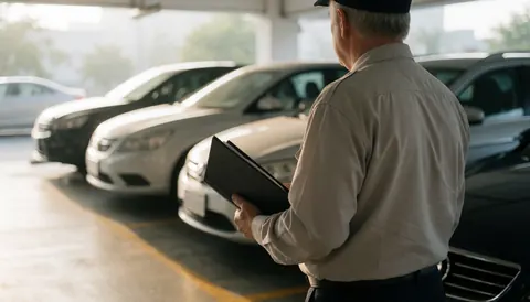 A parking attendant reviews vehicles with a clipboard in a covered parking lot with soft morning light