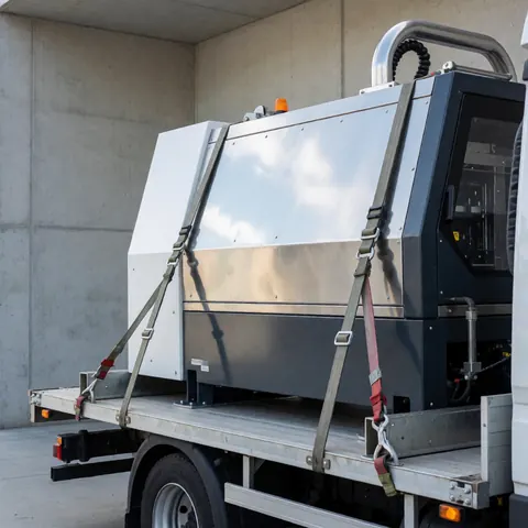 Shiny metal industrial machine strapped with red and gray belts on a truck bed with concrete walls in the background