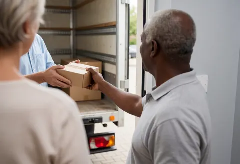 A logistics worker hands a package to a customer at the door with an open delivery van in the background