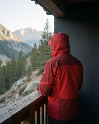 A man in a red jacket stands on a wooden balcony overlooking a valley with pines and distant peaks.