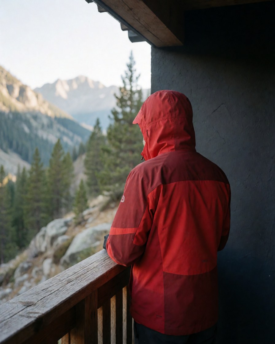 A man in a red jacket stands on a wooden balcony overlooking a valley with pines and distant peaks.