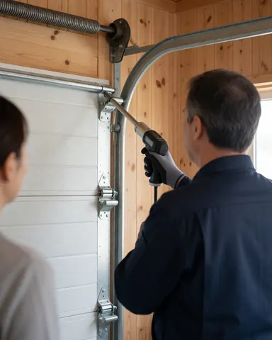 A technician in a blue uniform uses a digital tool to adjust a white garage door in a garage with light wood walls while a person watches from the left.