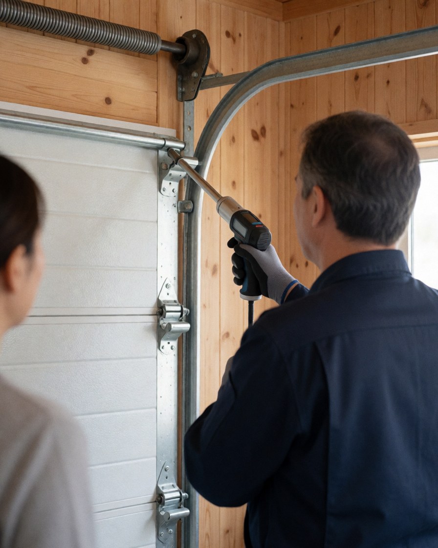 A technician in a blue uniform uses a digital tool to adjust a white garage door in a garage with light wood walls while a person watches from the left.