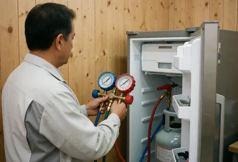 Technician in uniform charging refrigerant in refrigerator with manometer, wooden wall, tools and pipes visible in workshop.