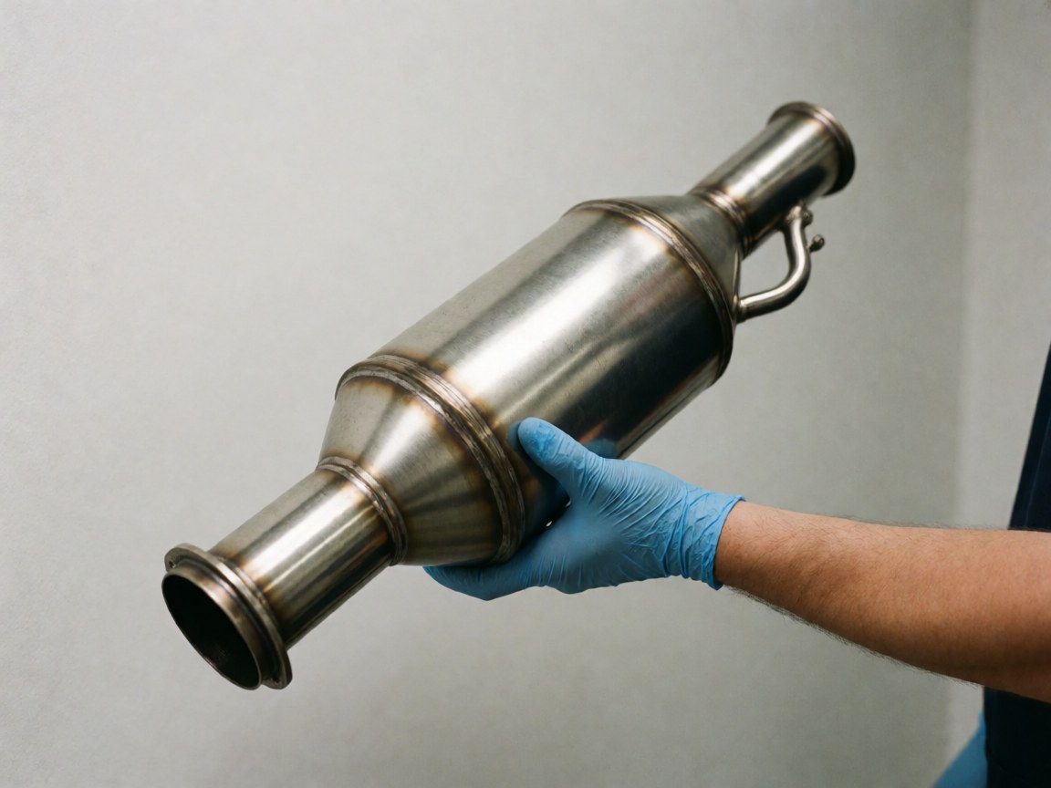 Close-up of a polished metal catalytic converter held by a hand in a blue glove against a neutral gray background with professional lighting.