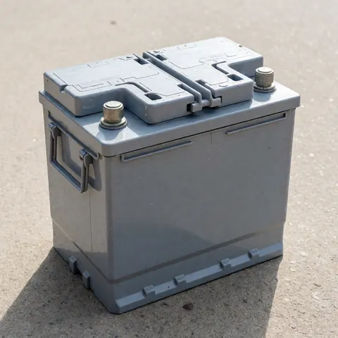 A clean, unbranded car battery with visible terminals resting on a concrete surface, ready for recycling.