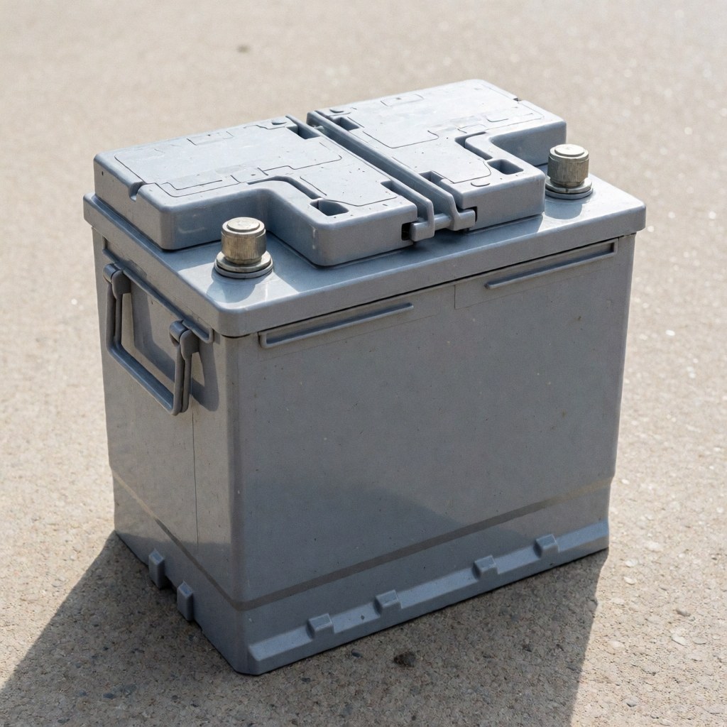 A clean, unbranded car battery with visible terminals resting on a concrete surface, ready for recycling.