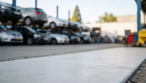 Clean flat concrete foreground with blurred dismantled cars and industrial structures in the background, suitable for business text overlays.