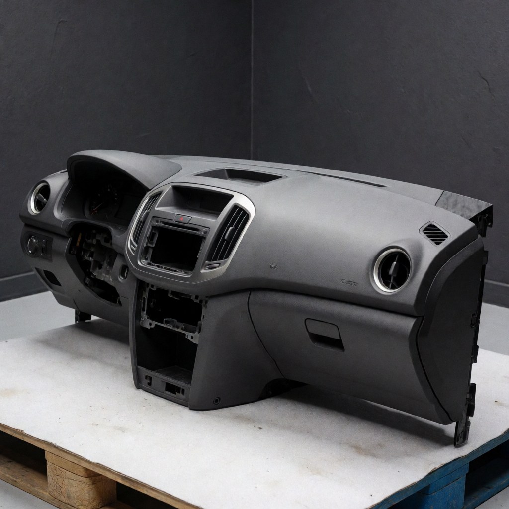Clean and intact vehicle dashboard component resting on a wooden pallet in a workshop with a gray background