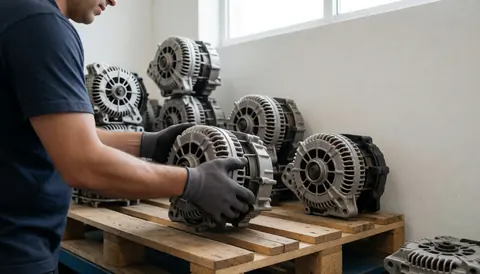 Worker wearing gloves places a clean alternator on a wooden pallet in a well-lit warehouse with other units in the background