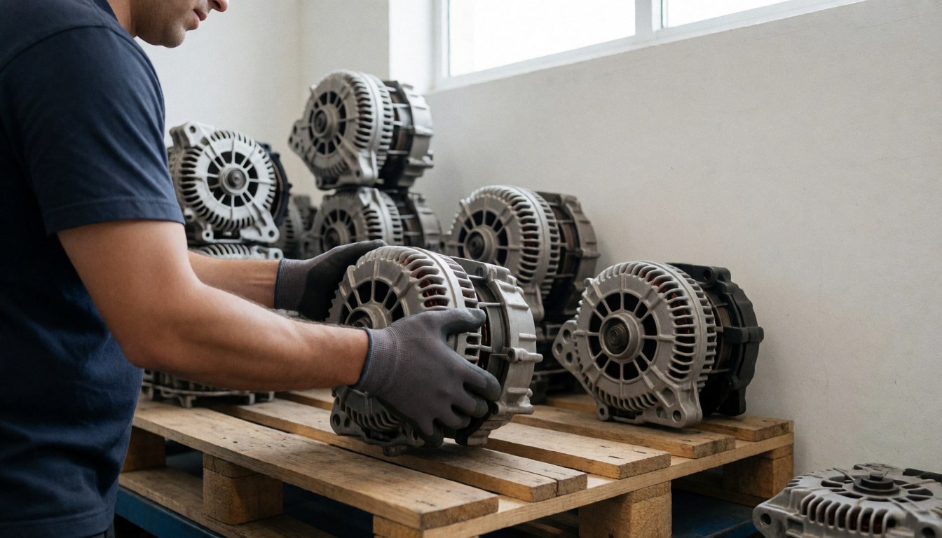 Worker wearing gloves places a clean alternator on a wooden pallet in a well-lit warehouse with other units in the background