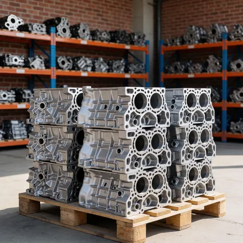 Recycled aluminum engine blocks stacked on a wooden pallet with industrial shelves and red brick wall in the background