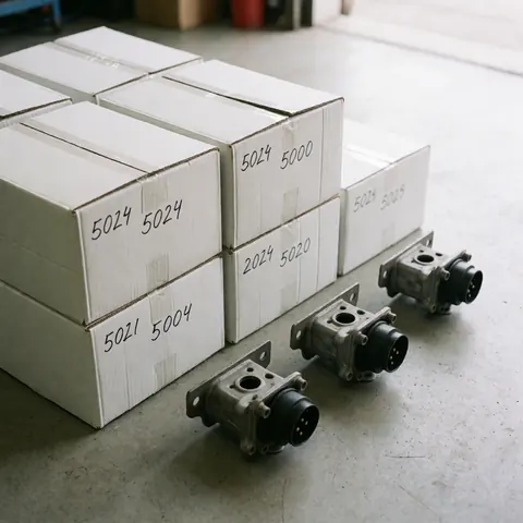 Cardboard boxes with labels and vehicle spare parts organized in a workshop ready for sale