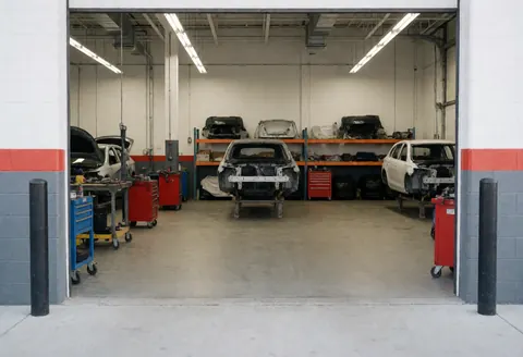 Interior view of a vehicle recycling workshop featuring metal structures, dismantled car frames, organized tools on shelves, industrial lighting, and a concrete floor.