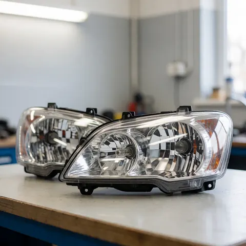 Two clean car headlights resting on a wooden work table in a vehicle recycling workshop with gray walls and overhead lighting.