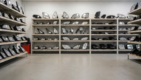 Warehouse shelves filled with headlights and mirrors on a concrete floor, featuring a blurred background suitable for text overlay.