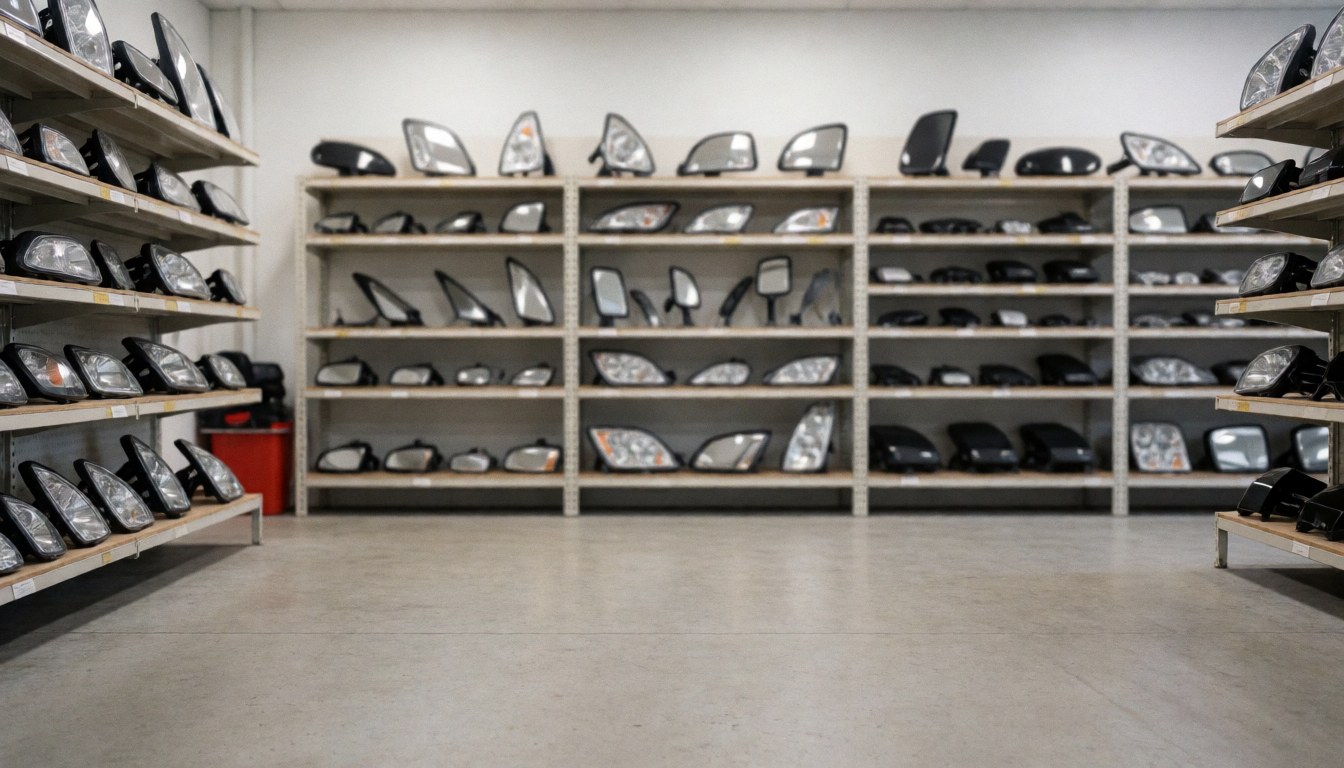 Warehouse shelves filled with headlights and mirrors on a concrete floor, featuring a blurred background suitable for text overlay.
