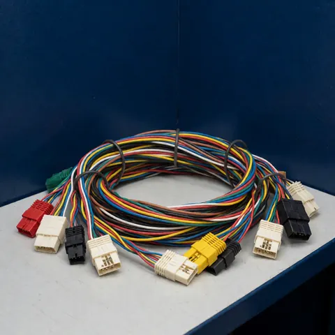 Recycled vehicle wiring harness with bright connectors on a workbench against a dark blue background for automotive recycling product use