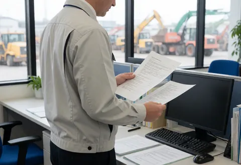 Worker reviewing documents in office with recycling yard visible through large windows