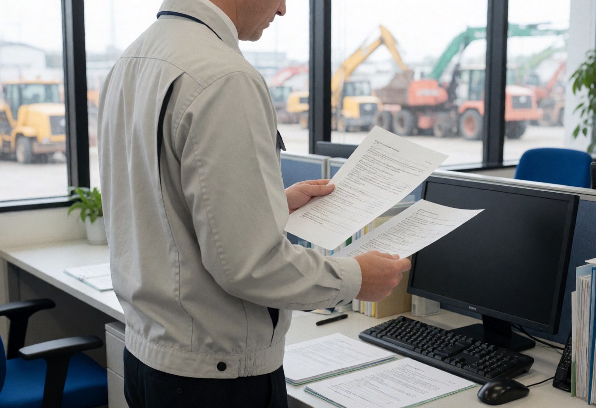 Worker reviewing documents in office with recycling yard visible through large windows