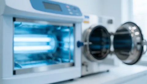 UV sterilizer and autoclave on a sterile background with blue lights and shiny metal, ideal for hygiene and sterilization text
