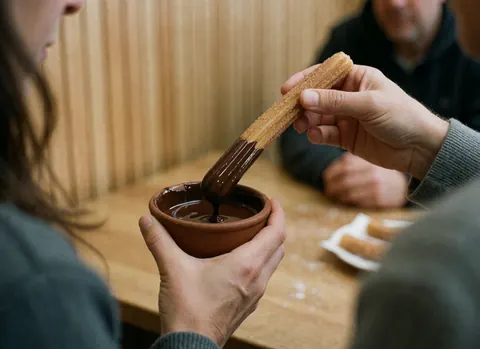 Close-up of hands dipping a sugar-coated churro into melted chocolate on a wooden surface, creating a warm and cozy dessert atmosphere.
